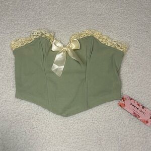 Shein MOD Women Green Front Bow Lace Trim Corset Top